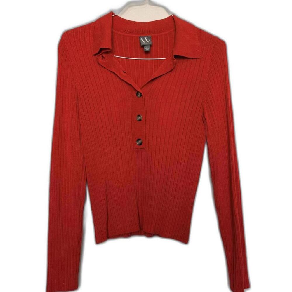 Retro Style‎ Red Rib Knit Long Sleeve Polo Fitted Sweater